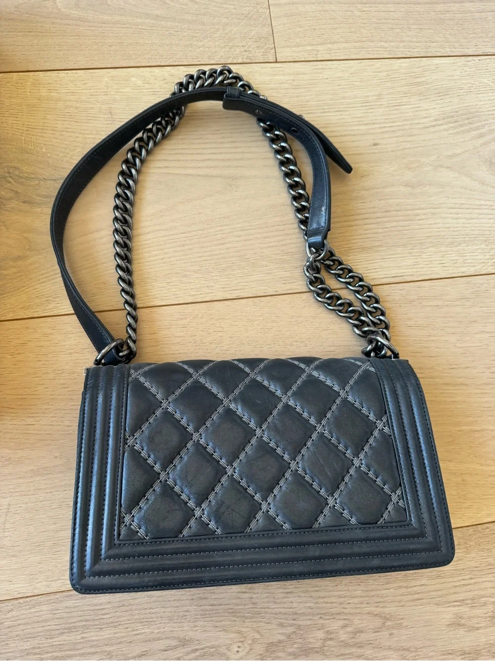 Chanel Boy Bag Medium Flap - 16A Charcoal Calfskin with Ruthenium Hardware